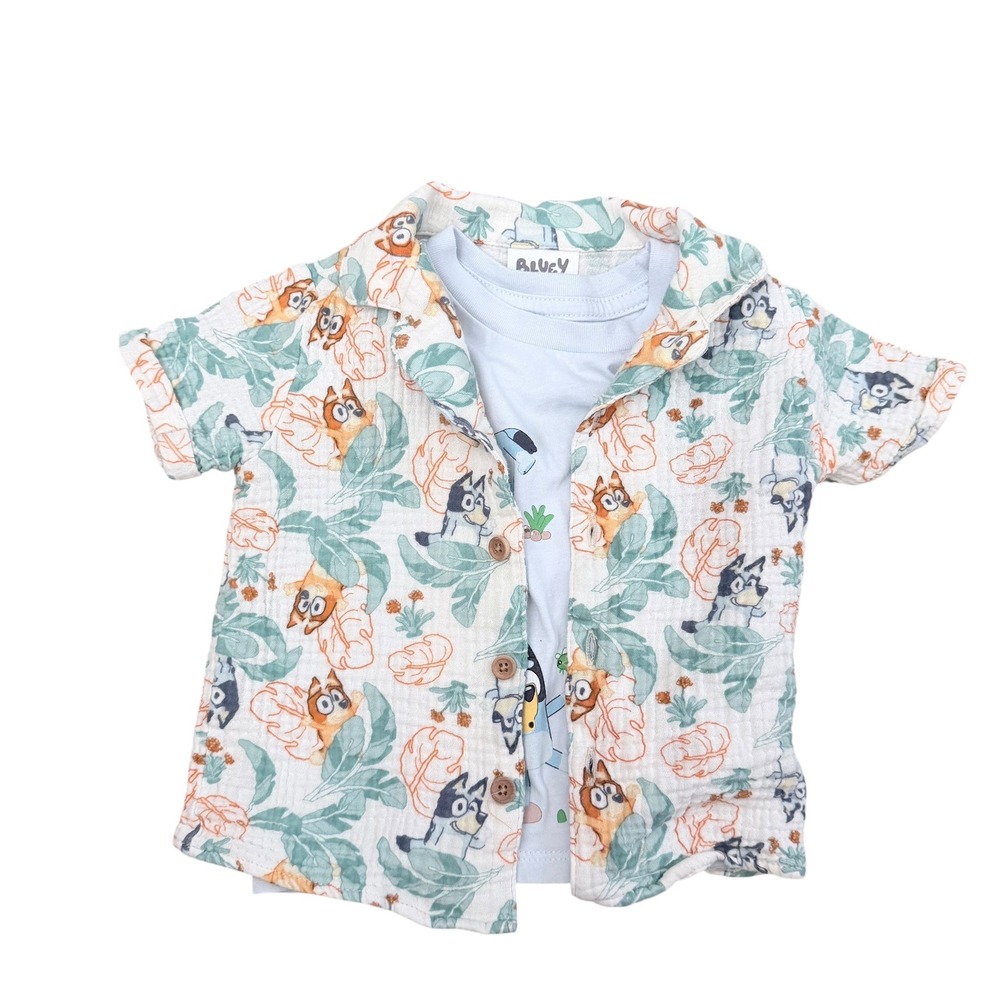 Bluey 12M Shirt Bundle Tropical Button Up Graphic Tee Bingo Coastal Vacation